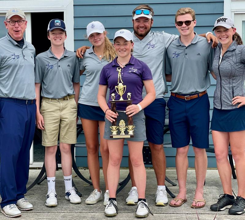 Sussex Academy won the 2021 Henlopen Conference Golf Championship May 25 at Wild Quail Golf & Country Club near Camden. Shown are (l-r) head coach Tim Whelan, Tyler Healy, Sawyer Brockstedt, individual chamption Sarah Lydic, Adison Browne, Trey Mitchell, and individual runner-up Hannah Lydic. SUBMITTED PHOTO
